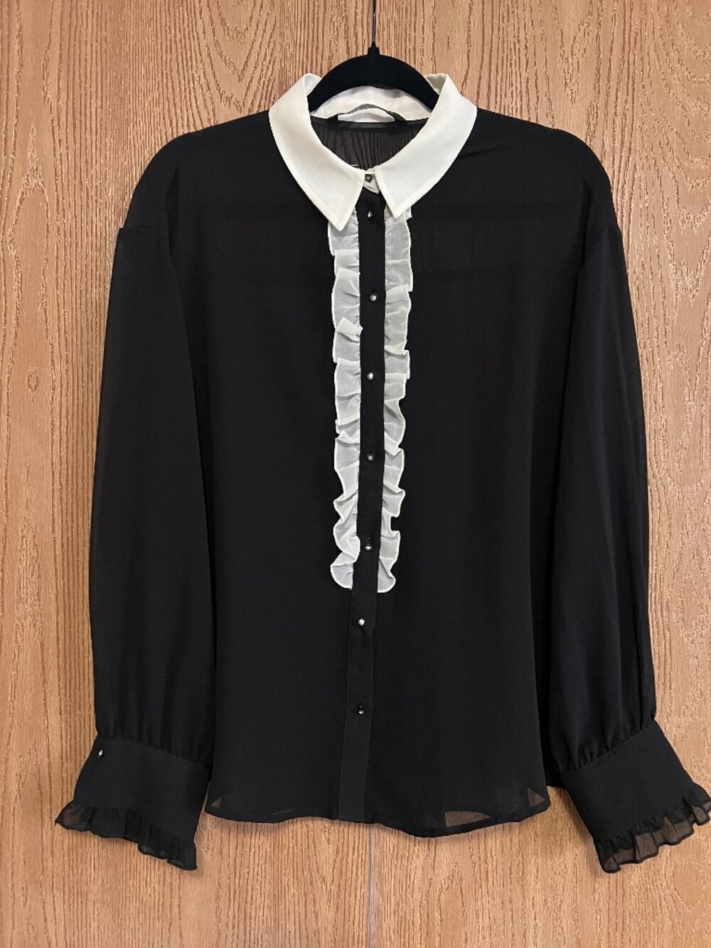 Zara Sheer Black Tuxedo Blouse White Collar Ruffle Front Size L